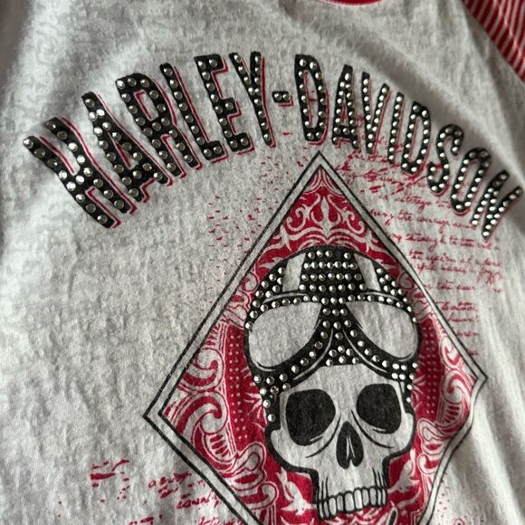 Harley-Davidson Skull Graphic Tee | Size L | Red White Striped Sleeves USA Made - Picture 5 of 14
